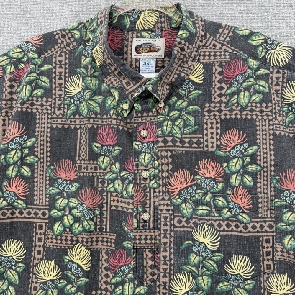 Vintage Reyn Spooner Art of Eddy Brown Shirt Mens 3XL Floral Pincushion Brown